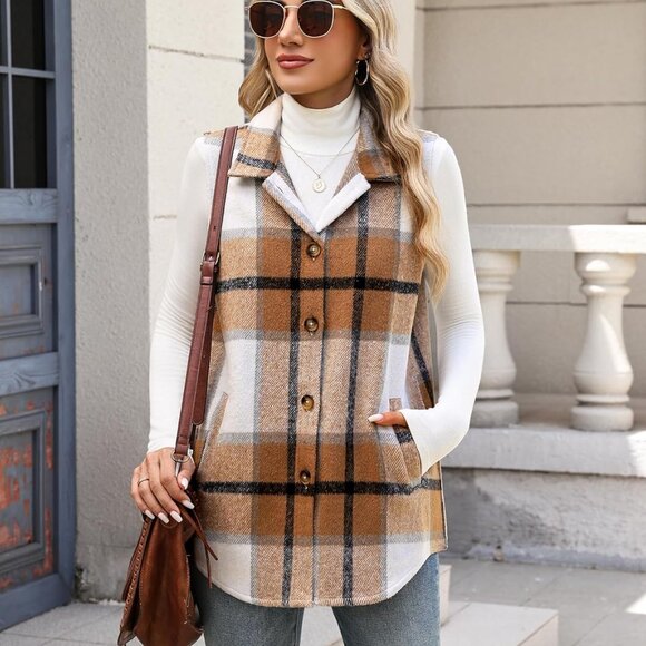 Khaki Women's Plaid Vest 2025 - Stylish Sleeveless Flannel Jacket with Pockets - Picture 3 of 5